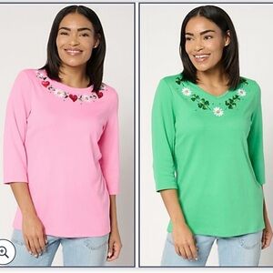 Quacker Factory Pink and Green Floral Embroidered Set of 2 3/4 Sleeve Tops